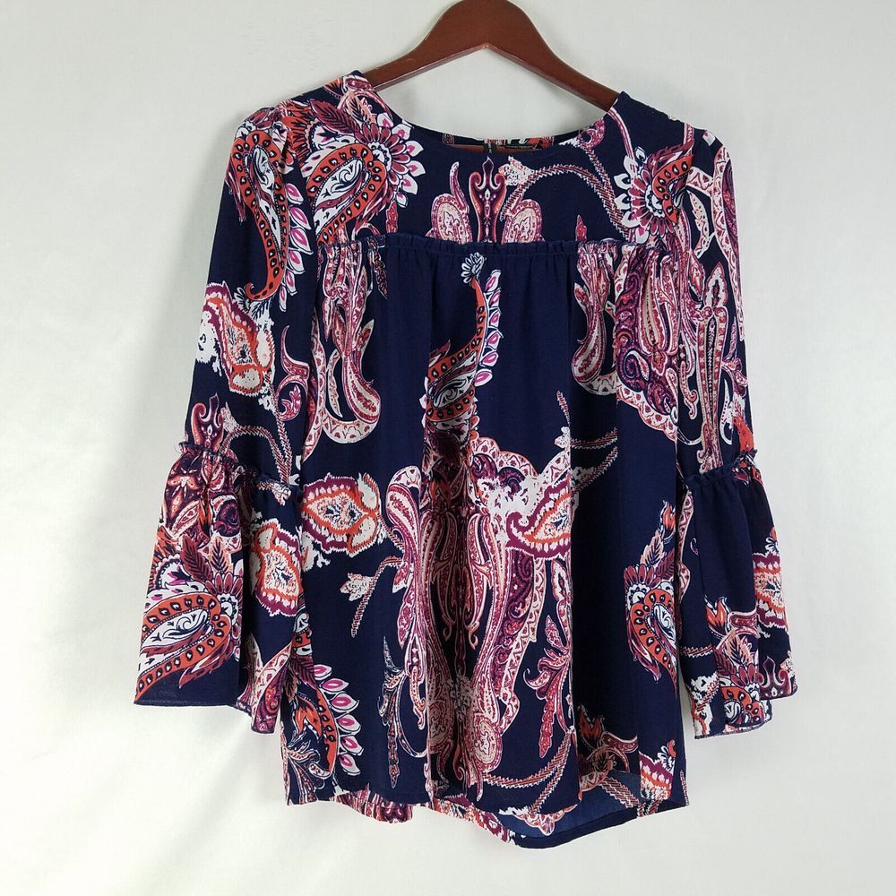 New Directions Shirt Womens Small Oversized Top Paisley Bell Sleeve Round Neck